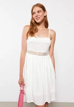 LC WAIKIKI Square Collar Embroidered Strap Poplin Women's Dress