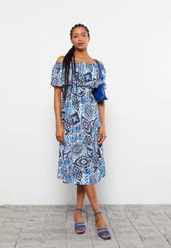 LC WAIKIKI Boat Neck Patterned Short Sleeve Crinkle Fabric Women's Dress