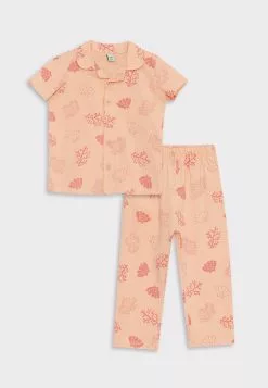 LC WAIKIKI Polo Collar Short Sleeve Printed Organic Cotton Baby Girl Pajamas Set