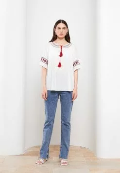 LC WAIKIKI Tie Collar Embroidered Short Sleeve Crinkle Women's Blouse -LC WAIKIKI popular shop lc waikiki 2277 3113936 2