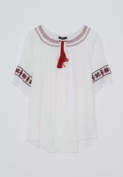 LC WAIKIKI Tie Collar Embroidered Short Sleeve Crinkle Women's Blouse -LC WAIKIKI popular shop lc waikiki 2277 3113936 5