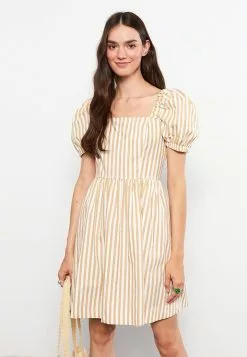 LC WAIKIKI Square Neckline Striped Balloon Sleeve Cotton Women's Dress -LC WAIKIKI popular shop lc waikiki 6526 7365726 2