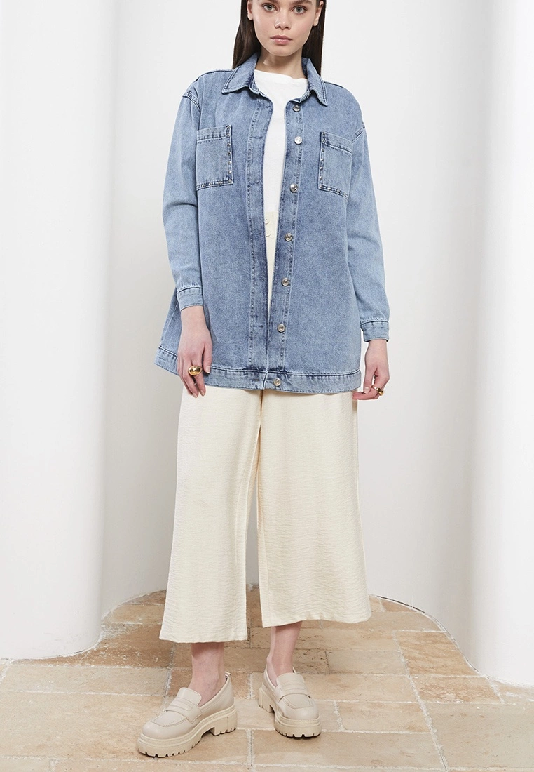 LC WAIKIKI Shirt Collar Straight Long Sleeve Women Jean Tunic 4 LC WAIKIKI Shirt Collar Straight Long Sleeve Women Jean Tunic - Image 2