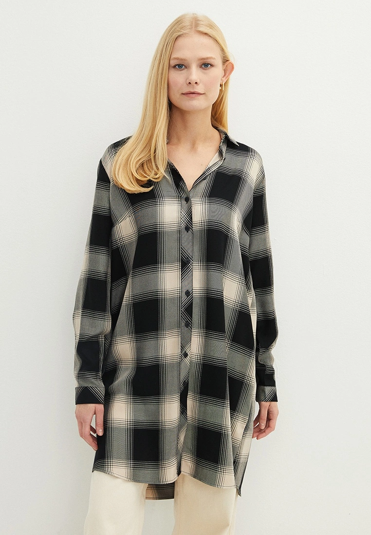 LC WAIKIKI Shirt Collar Plaid Long Sleeve Viscose Women's Tunic 4 LC WAIKIKI Shirt Collar Plaid Long Sleeve Viscose Women's Tunic - Image 2