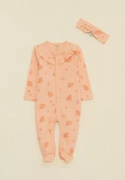 LC WAIKIKI Crew Neck Long Sleeve Printed Organic Cotton Baby Girl Rompers And Headband 2 Piece Set